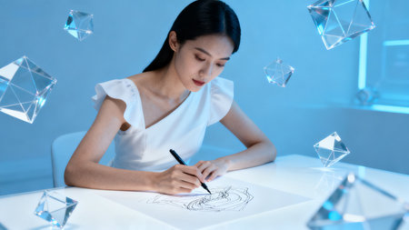 Woman in white dress drawing with penの素材