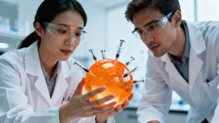 Scientists examining globe with syringesの素材
