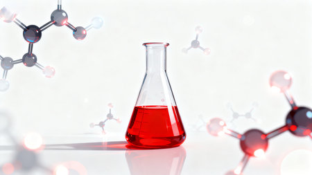 Laboratory flask with red liquid and molecular modelsの素材