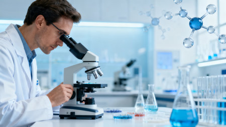 Scientist working with microscope in labの素材