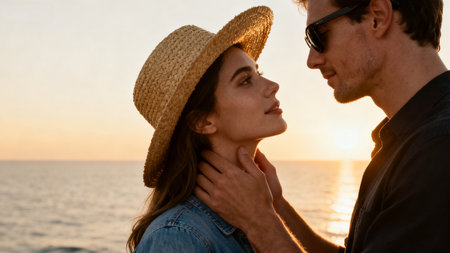 Couple in hats at sunset by seaの素材