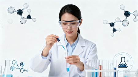 Female scientist in laboratory working with test tube. Science and medical backgroundの素材