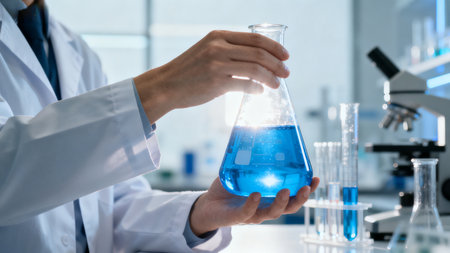 Scientist holding flask with blue liquidの素材