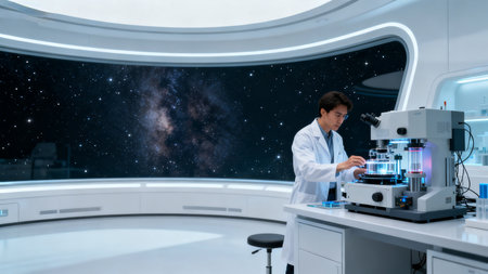 Scientist working in futuristic labの素材