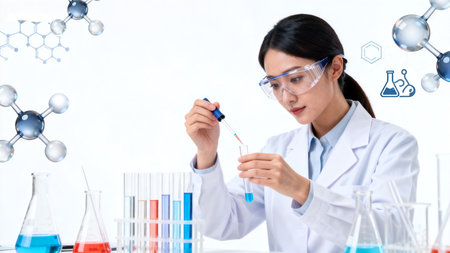science, chemistry, biology, medicine and people concept - close up of female scientist or doctor with test tube making research in clinical laboratory.の素材