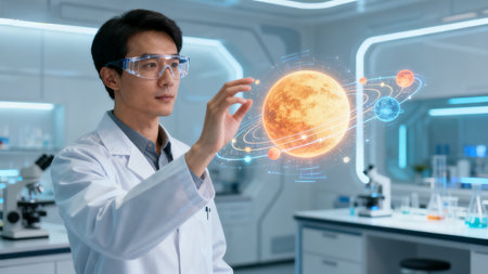 Scientist interacting with virtual planetの素材