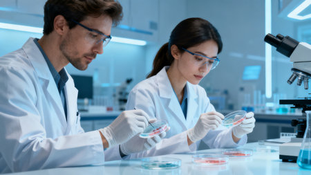 Scientists in lab examining petri dishesの素材