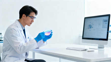 Scientist examining petri dish in labの素材