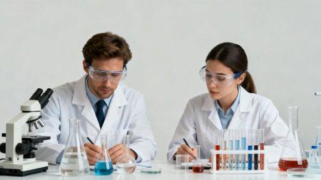 Two scientists working in a labの素材