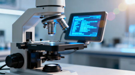 Microscope in laboratory with digital displayの素材