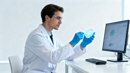 Scientist examining petri dish in labの素材