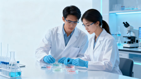 Two scientists working in a labの素材