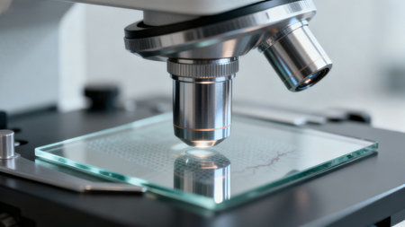 Closeup of a microscope in useの素材