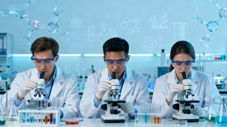 Scientists in lab with microscopesの素材