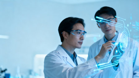 Two scientists in lab interacting with digital interfaceの素材