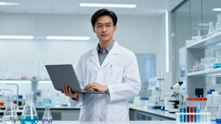 Scientist in lab with laptopの素材