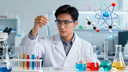 Scientist in lab examining test tubeの素材