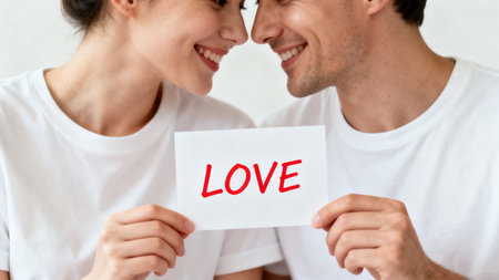 Close up of happy young couple holding card with word love and smilingの素材