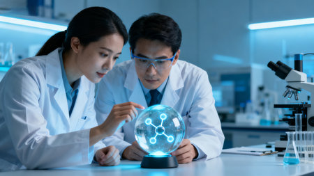 Scientists in lab examining glowing sphereの素材