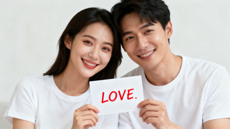 Smiling couple holding love signの素材