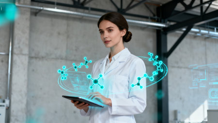 Woman in lab coat with digital molecule graphicsの素材