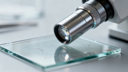 Closeup of microscope lens on slideの素材