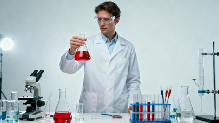 Scientist examining red liquid in flaskの素材