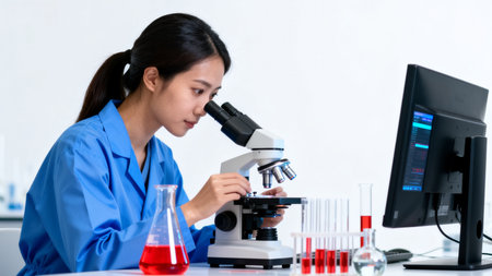 Woman in lab coat using microscopeの素材