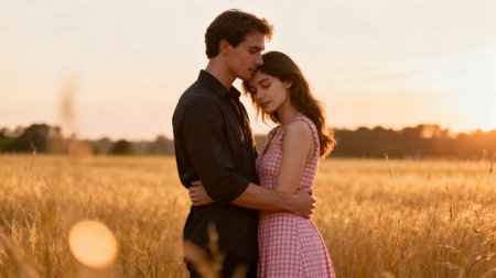 Couple embracing in field at sunsetの素材