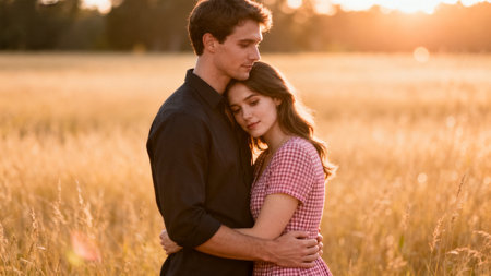 Couple in a golden field at sunsetの素材