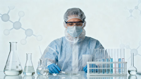 Scientist in protective gear working with lab equipmentの素材