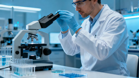 Scientist working with microscope in labの素材