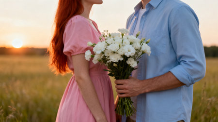 Couple in field with white flowers at sunsetの素材