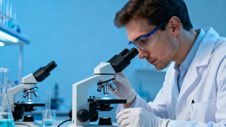 Scientist using microscope in labの素材