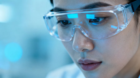 Closeup of person wearing protective gogglesの素材