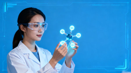 Woman in lab coat holding molecular modelの素材