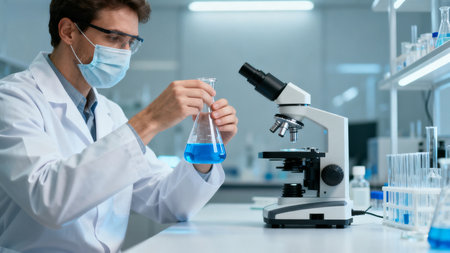 Scientist in lab examining blue liquidの素材