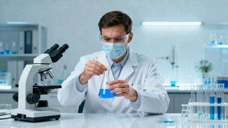 Scientist in lab with microscope and test tubeの素材