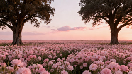Pink flower field with two trees at sunsetの素材