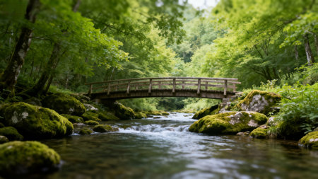 Wooden bridge over stream in forestの素材