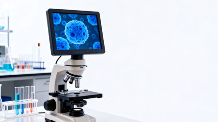 Microscope with cell image on screenの素材