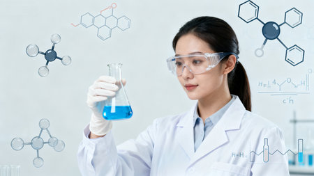 Woman in lab with chemical flaskの素材