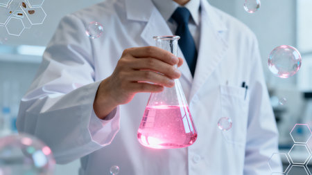 Scientist holding flask with liquidの素材