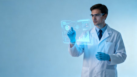 Man in lab coat interacting with holographic displayの素材