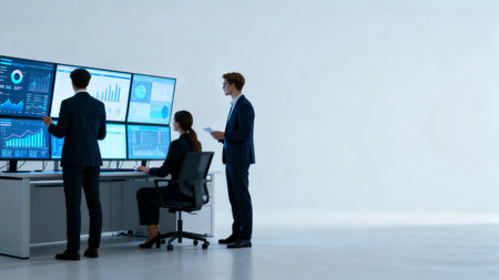 Business professionals analyzing data on large screensの素材