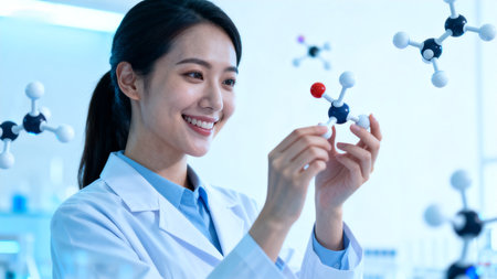 Woman holding molecular model in labの素材