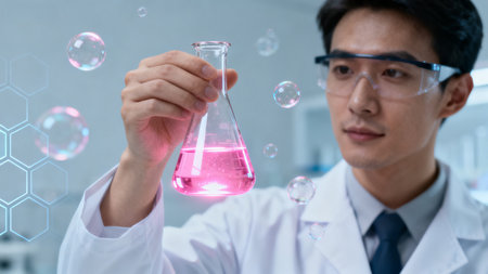 Scientist examining pink liquid in flaskの素材