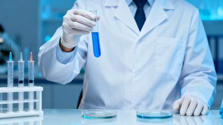 scientist hand holding test tube with blue liquid in science laboratory backgroundの素材