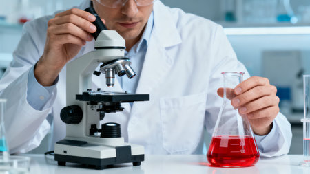 Scientist using microscope in labの素材