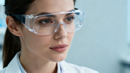 Woman Wearing Safety Goggles in Labの素材